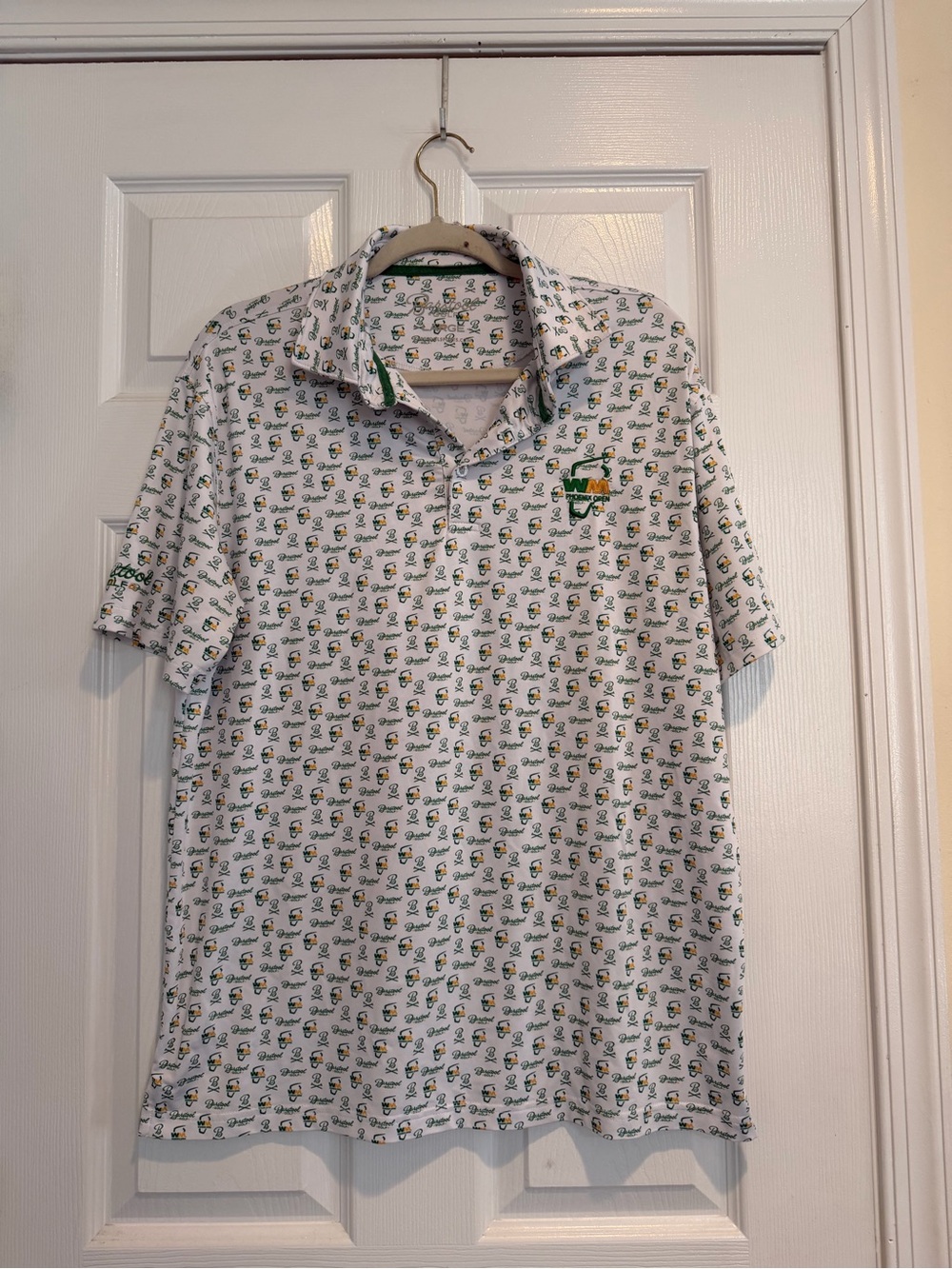 Barstool Waste Management Man White Short-Sleeve Polo with Green and Yellow Logo
